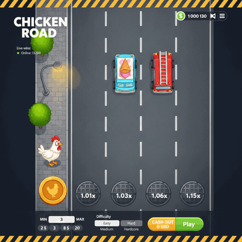 Chicken Road Spielansicht: weißes Cartoon-Huhn steht am linken Straßenrand vor einer mehrspurigen grauen Straße mit weißen gestrichelten Fahrbahnmarkierungen, Gullydeckel zeigen Multiplikatoren an, im Hintergrund städtische Szenerie mit Bäumen und Straßenlaterne