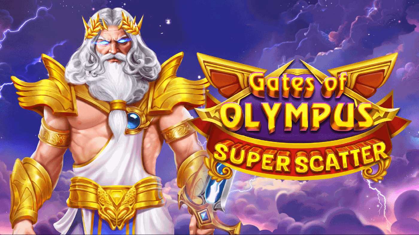 Charakterplakat von Gates of Olympus Super Scatter mit Zeus in goldener Flammen-Rüstung, weißer Toga und kobaltblauem Umhang vor dem golden gerahmten 6x5-Walzenfeld mit Super-Scatter-Symbol und lila Kristalldreiecken